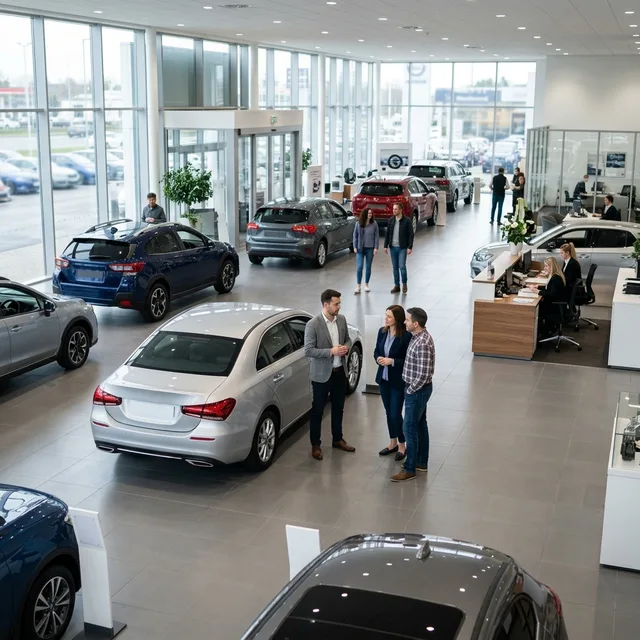 A busy car dealership showroom